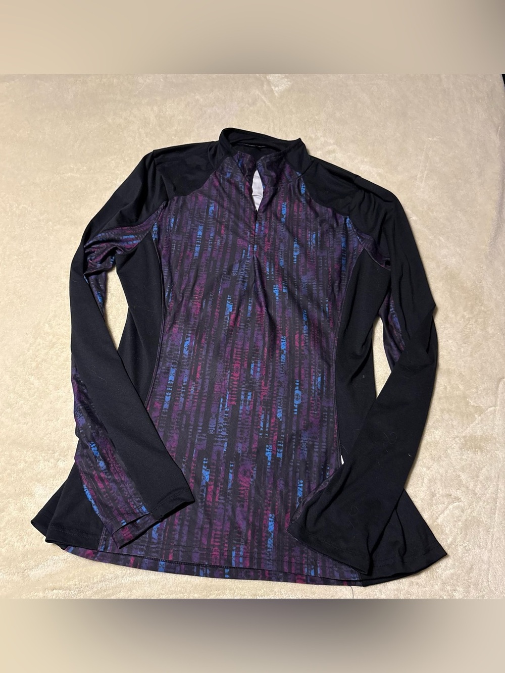 Prana Women's Black Long-Sleeve Half-Zip Top with Purple & Blue Pattern